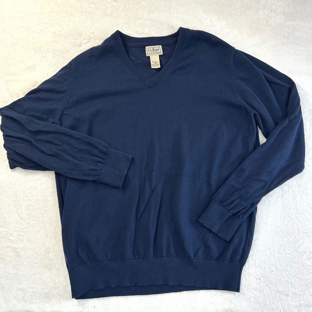 Quiet Luxury LL Bean Cashmere V-Neck Sweater Large Navy Blue Preppy